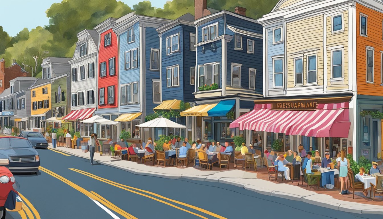 A bustling street in Kennebunkport, with colorful restaurant facades and outdoor seating. Tourists and locals line up outside the top 7 restaurants, while waitstaff bustle about serving patrons