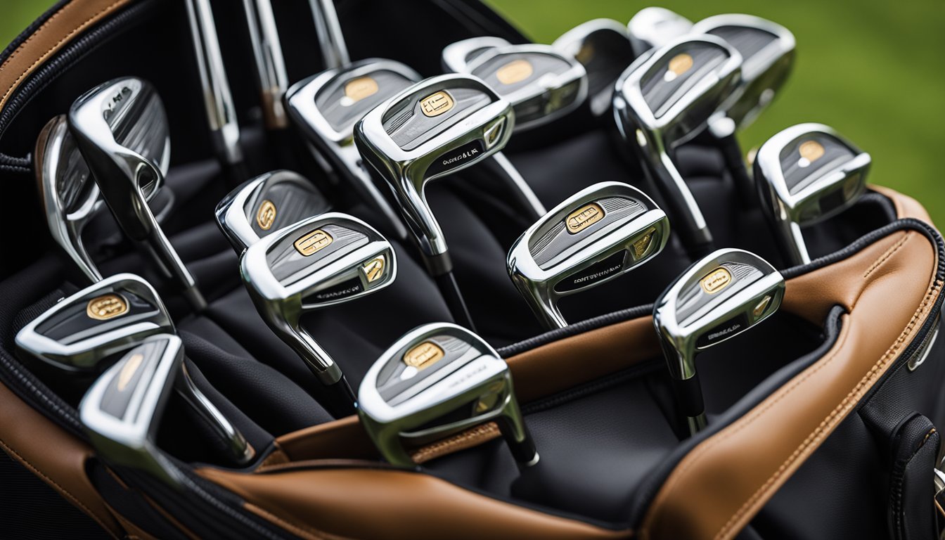 A golf bag with seven slots, each holding a different club. The bag is organized neatly, with the clubs standing upright and easily accessible