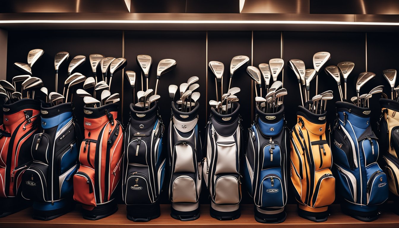 A seven slot golf bag stands upright, with each compartment neatly filled with clubs of varying lengths. A putter and wedges are easily accessible at the top, while longer clubs are arranged in descending order