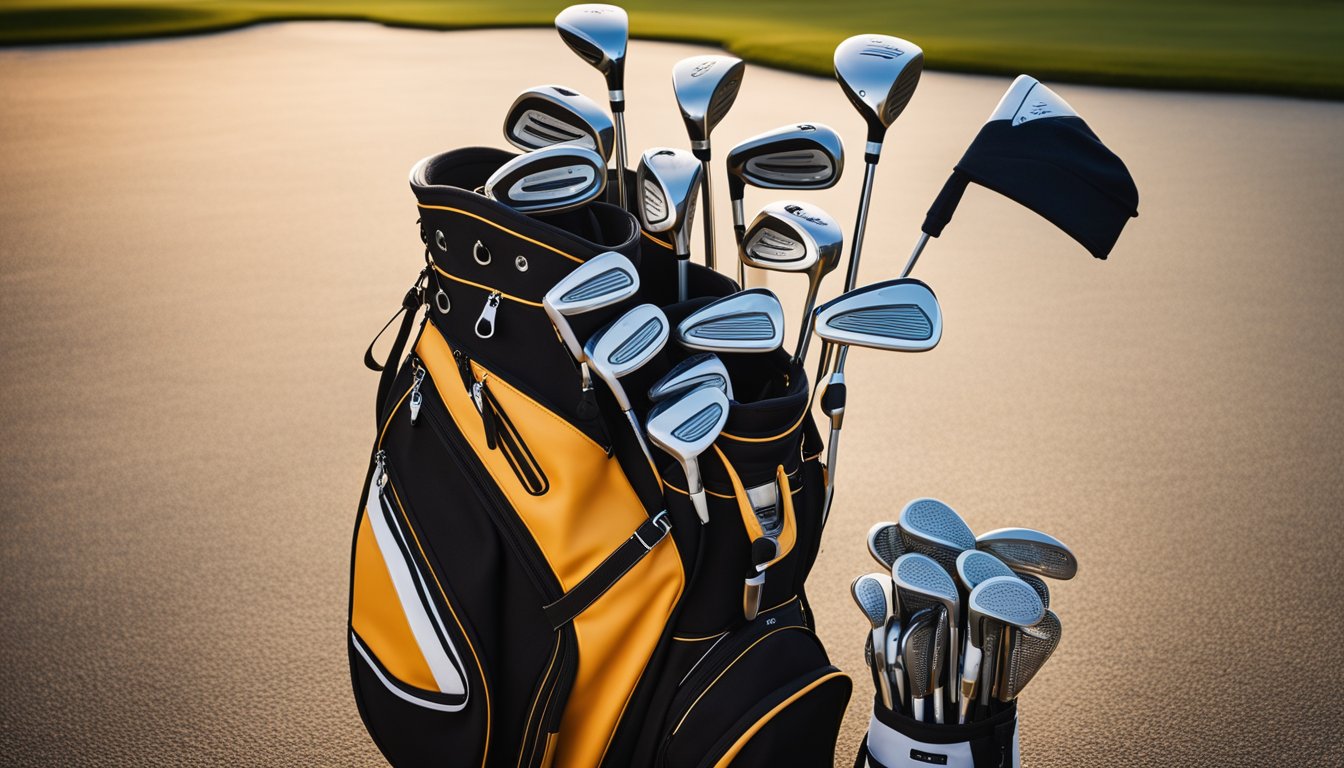 A seven-slot golf bag with accessories neatly organized: golf balls, tees, gloves, towel, water bottle, umbrella, and scorecard holder