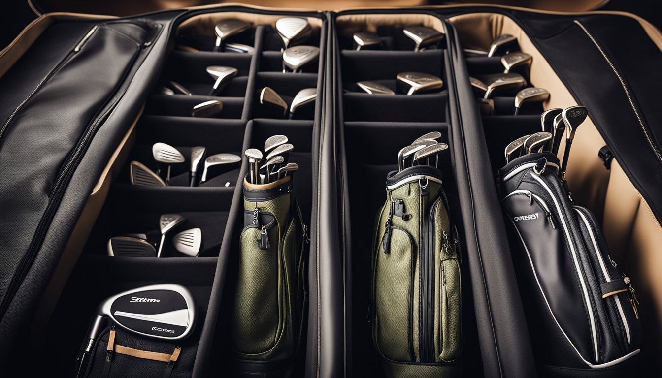 A neatly organized seven-slot golf bag, with clubs arranged by type and size. Accessories and personal items are stored in separate compartments for easy access