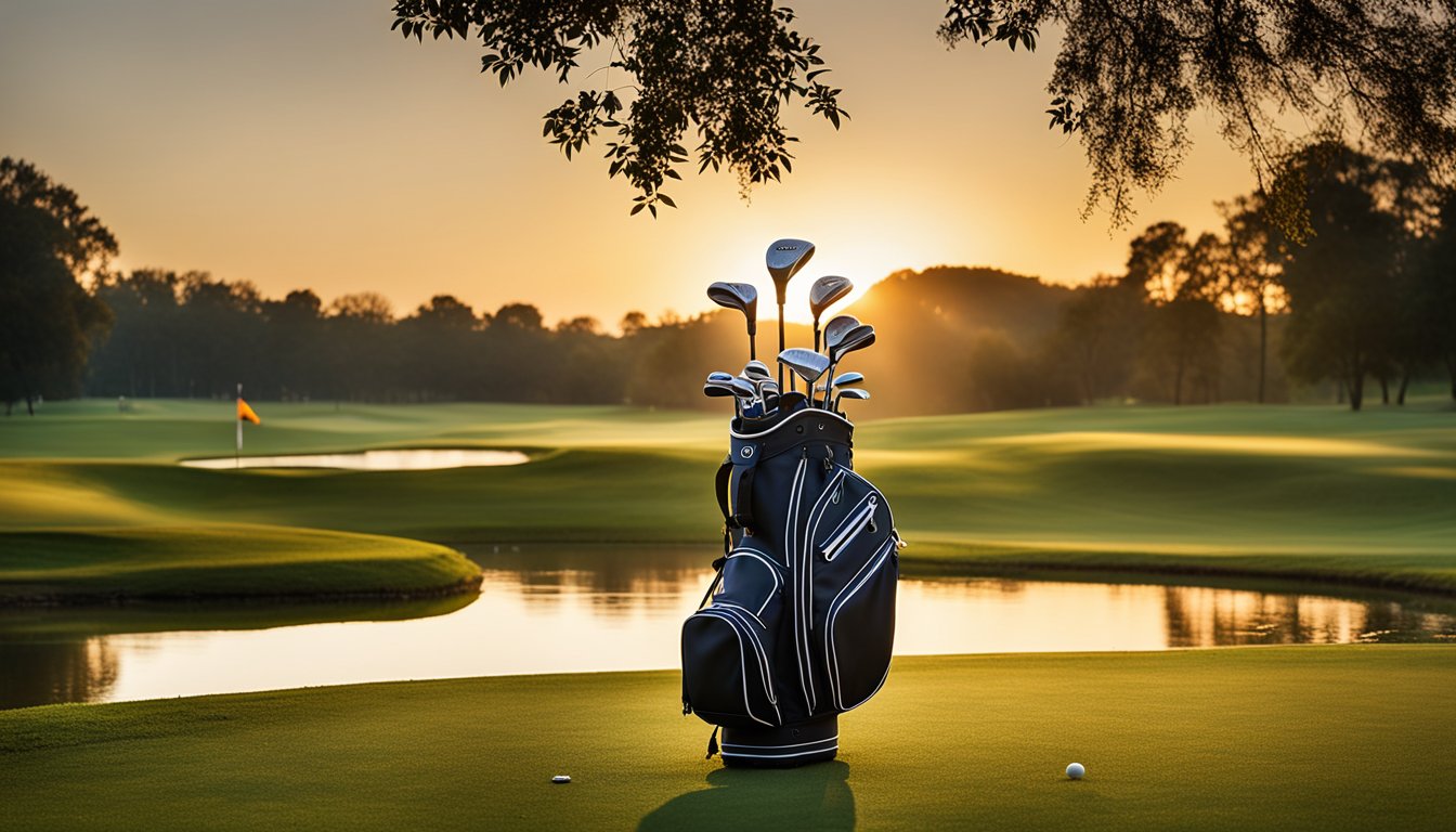 A golf bag with seven slots sits on a grassy field. The sun is setting, casting a warm glow on the bag and creating a reflection on the nearby pond