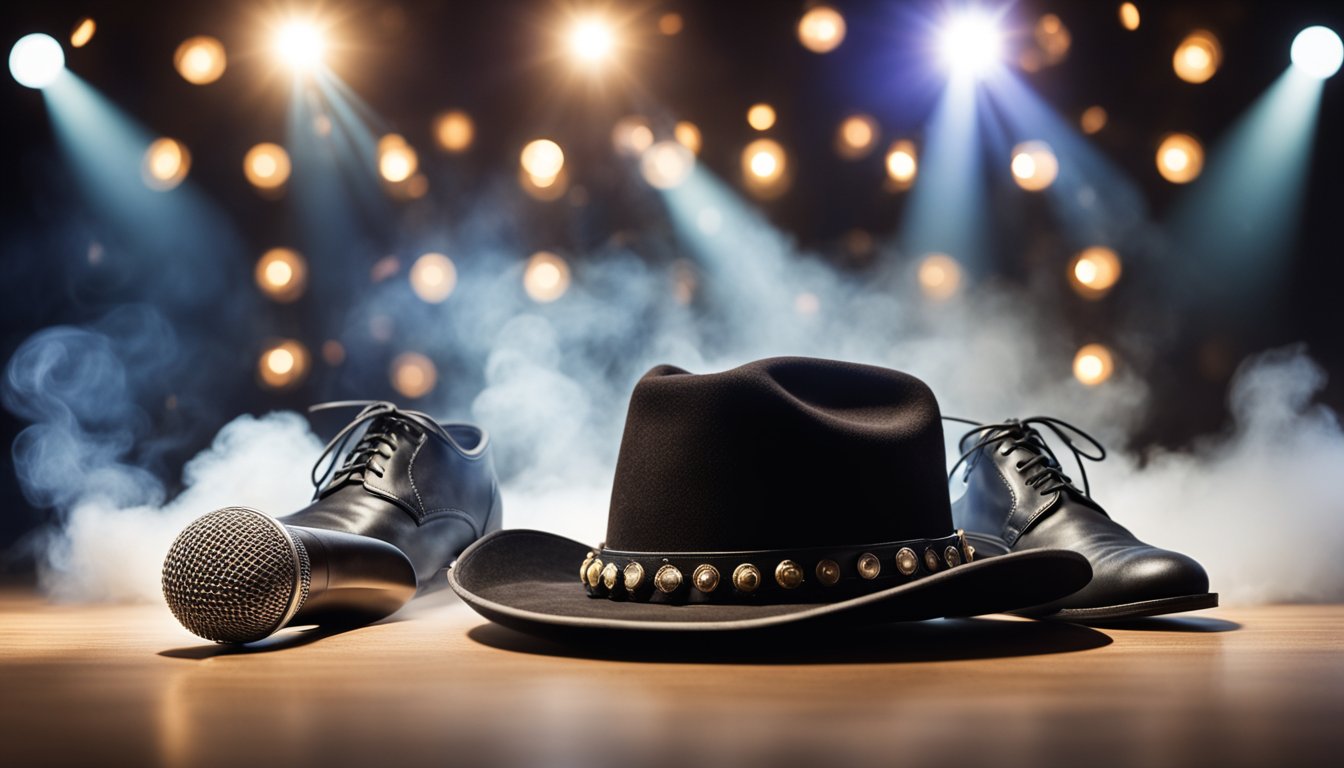 A cowboy hat, a microphone, and a pair of dancing shoes lay on a stage, surrounded by a spotlight and a cloud of smoke