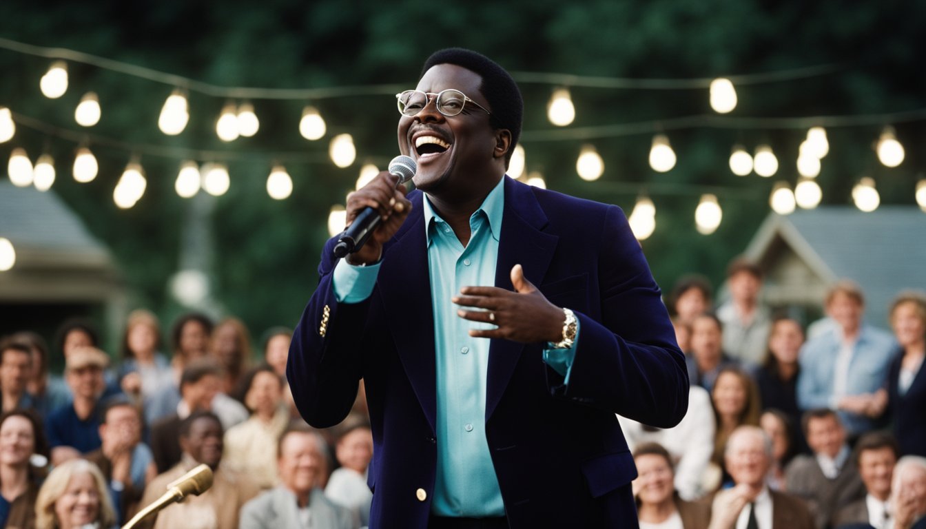 A young Bernie Mac performs on a small stage, telling jokes to a laughing crowd