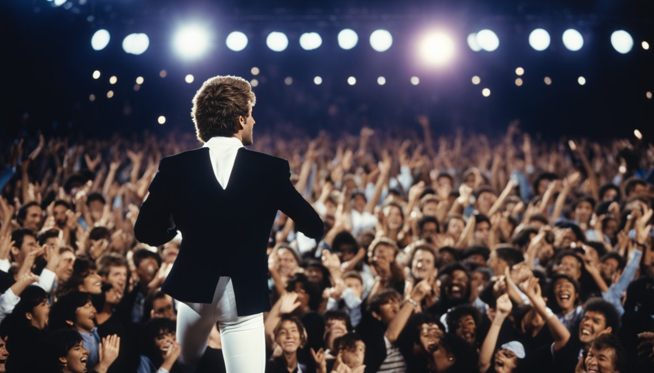 A young George Michael performs on stage, surrounded by adoring fans. His early life and career are depicted through his energetic and passionate performance