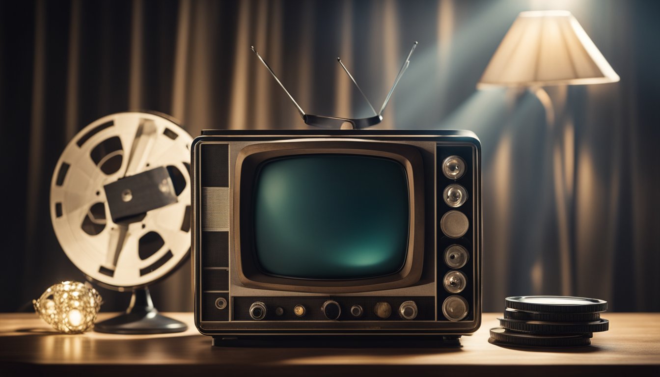 A spotlight shines on a vintage television surrounded by film reels and a comedy mask, all in a somber setting