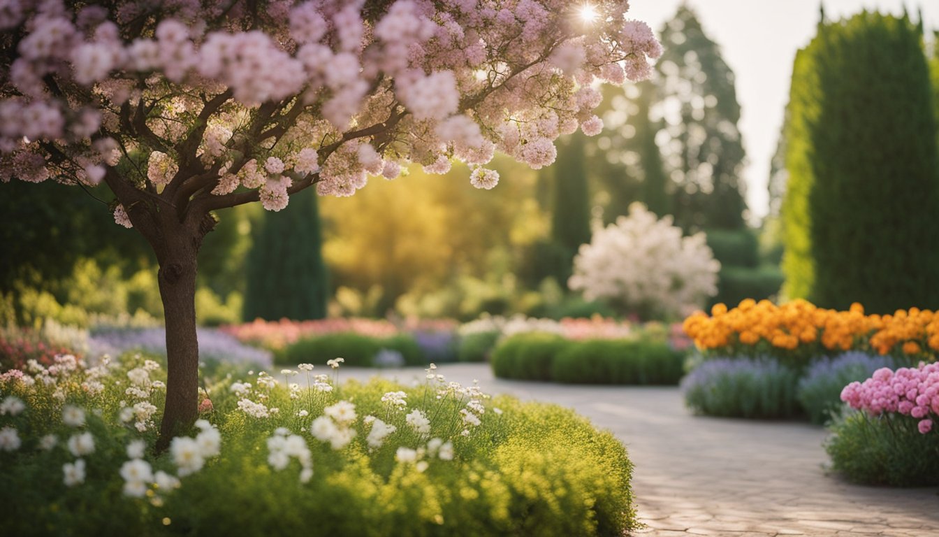 A peaceful garden with a lone tree in bloom, surrounded by colorful flowers and a gentle breeze