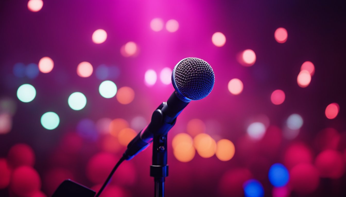 A microphone stands alone on a stage, surrounded by colorful spotlights. A single red rose rests on the stand, a tribute to the late George Michael