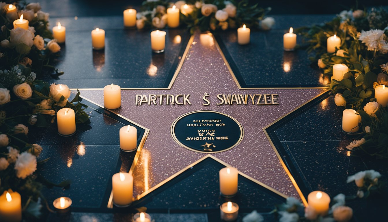 A spotlight shines on a Hollywood Walk of Fame star with Patrick Swayze's name, surrounded by flowers and candles