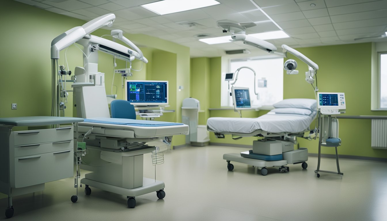 A hospital room with medical equipment and a chart showing the progression of sarcoidosis