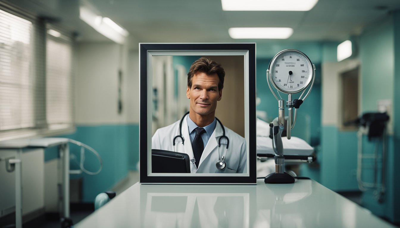 A hospital room with medical equipment, a doctor's stethoscope, and a framed photo of Patrick Swayze