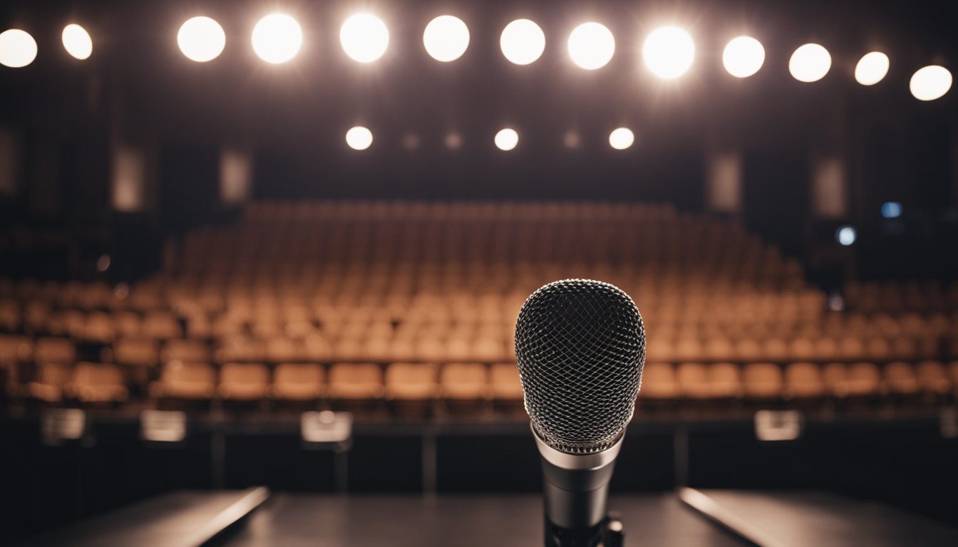 A microphone stands alone on a stage, bathed in a spotlight, surrounded by empty seats in a dimly lit concert hall