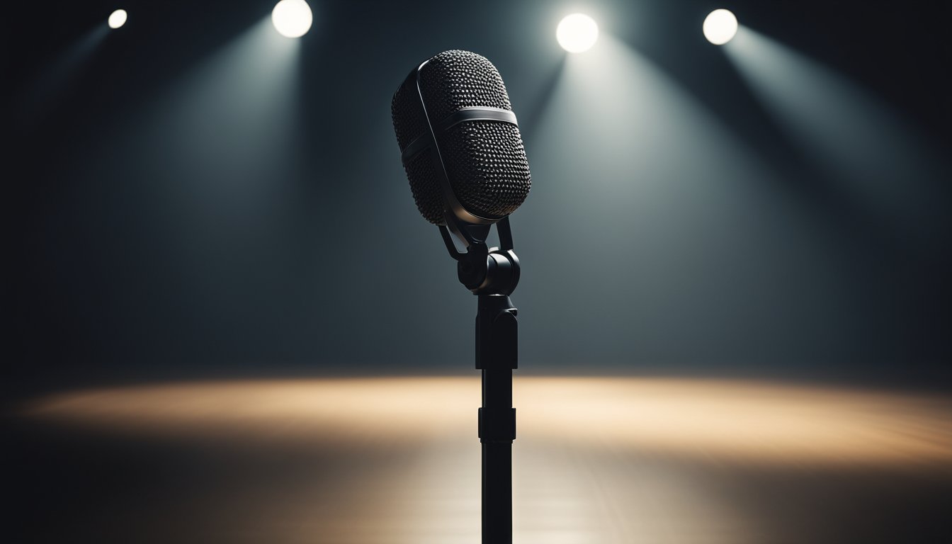 A microphone stands alone on a stage under a spotlight, casting a long shadow. The surrounding area is dark and empty