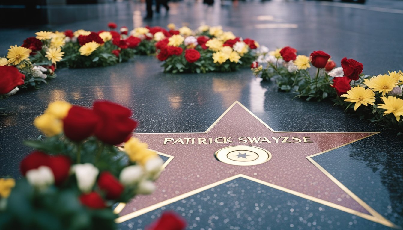 A movie reel unwinds, showing Patrick Swayze's iconic roles. Fans gather, leaving flowers at a star on the Hollywood Walk of Fame