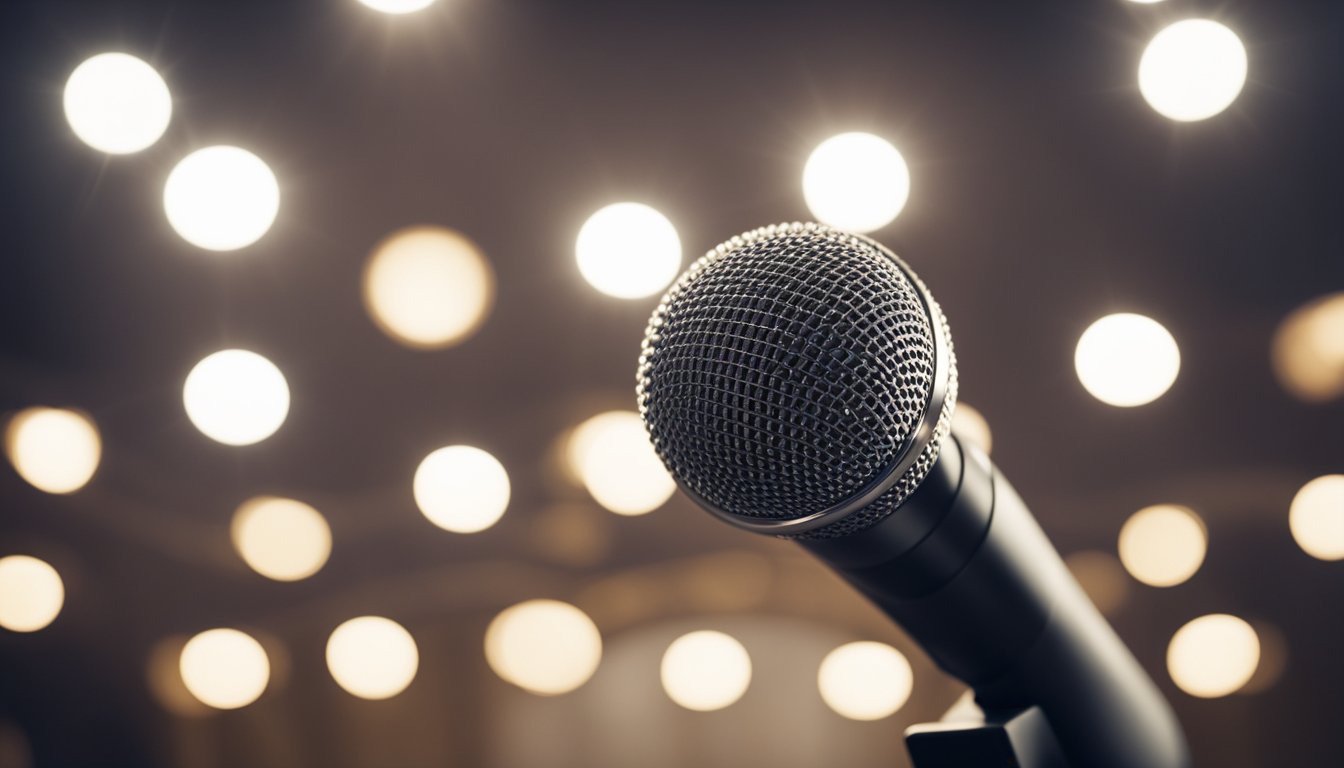 A microphone surrounded by symbols of philanthropy and influence, with a spotlight shining down