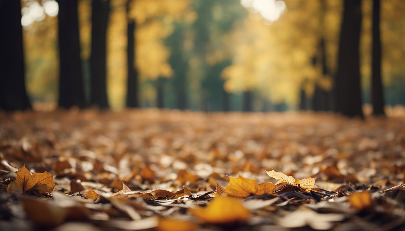 A serene forest clearing with fallen leaves and a gentle breeze. A single, wilted flower lies on the ground, surrounded by a sense of loss and stillness