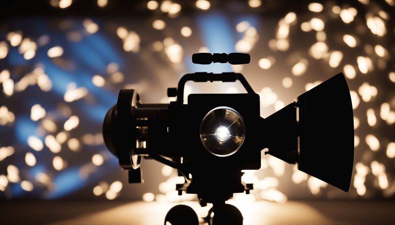 A movie projector shining a spotlight on a silhouette of Patrick Swayze dancing, surrounded by iconic symbols of his most famous films