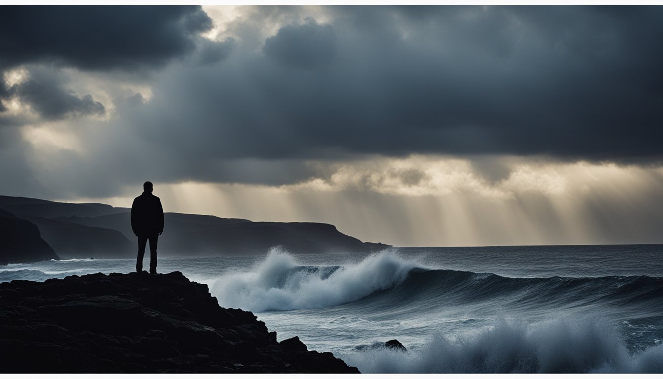 A silhouette of a man standing on a cliff edge, with dark storm clouds in the sky and crashing waves below