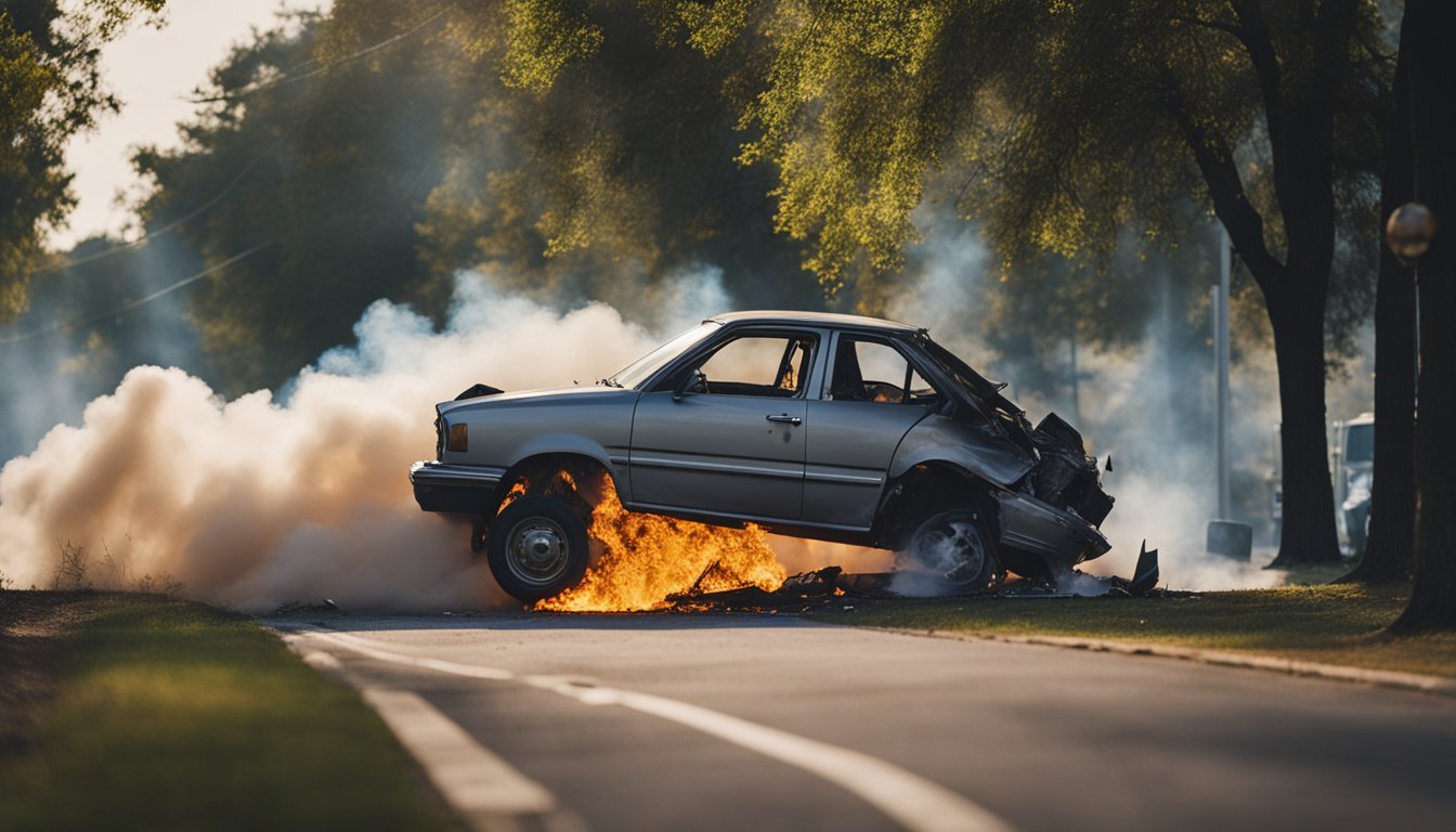 A speeding car crashes into a tree, engulfed in flames. Smoke billows from the wreckage as onlookers rush to the scene