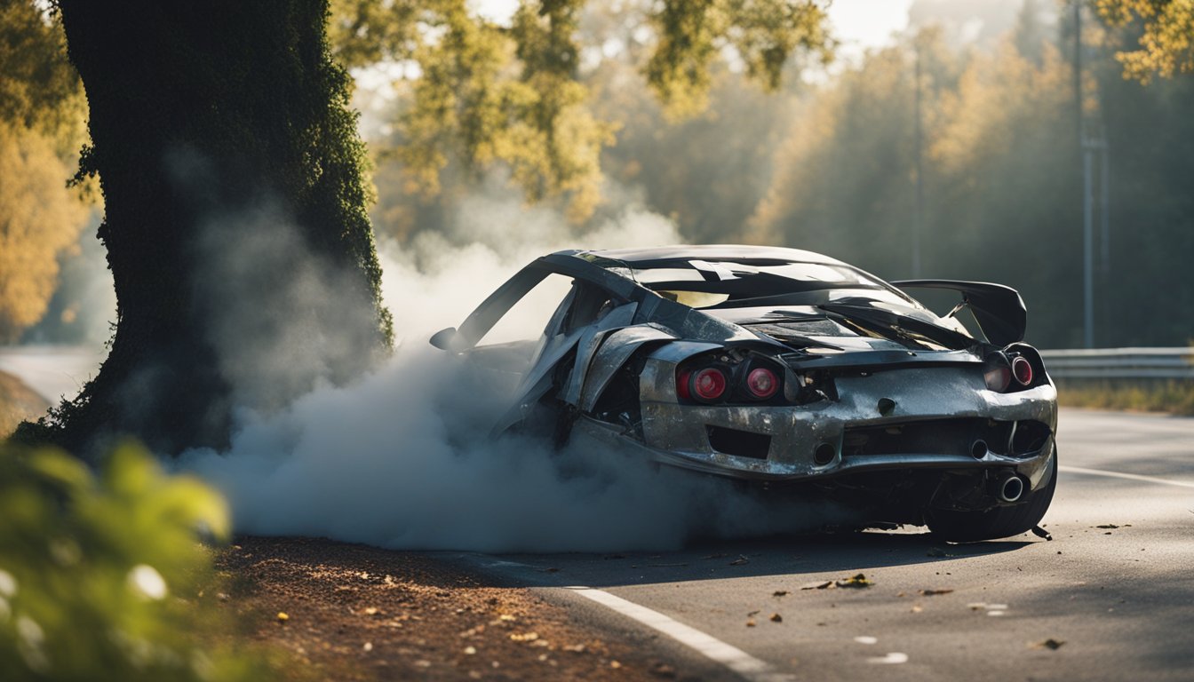 A mangled sports car wrapped around a tree, smoke rising from the wreckage. Skid marks on the road leading to the collision site