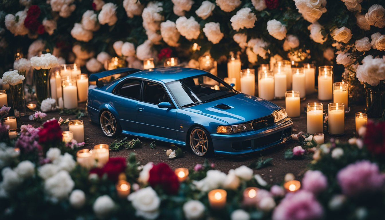 A mangled car surrounded by flowers, candles, and photos. A crowd gathers to pay tribute to the late Paul Walker