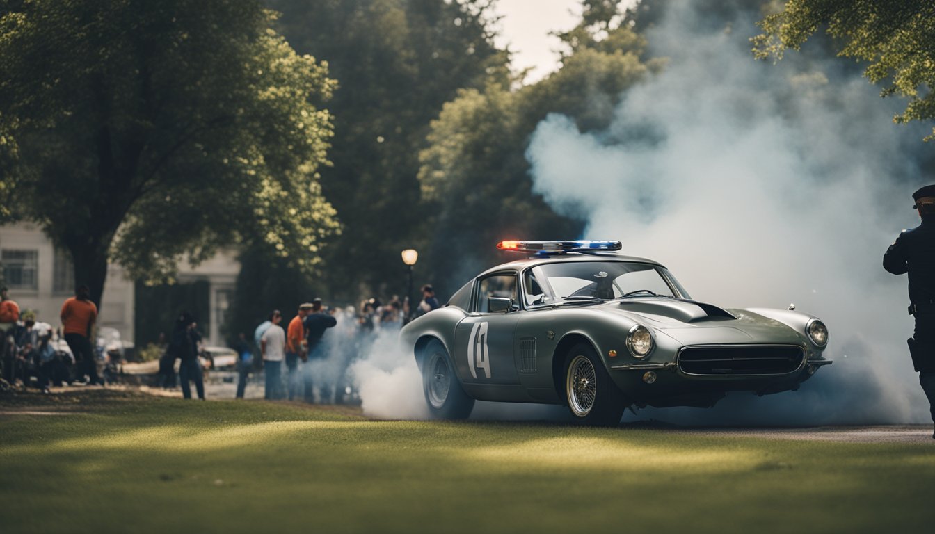 A sports car wrapped around a tree, smoke billowing from the wreckage, surrounded by onlookers and emergency responders