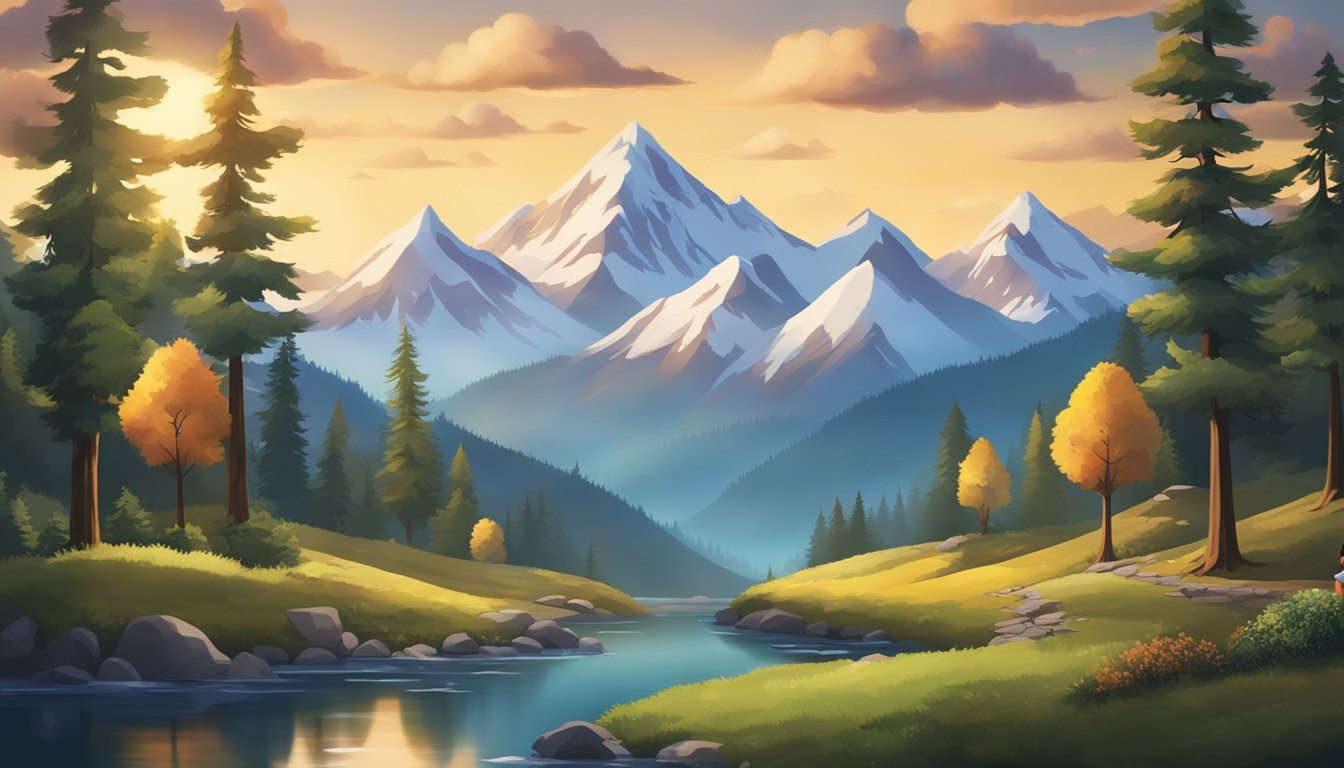 A young Bob Ross paints landscapes in a serene, natural setting, surrounded by mountains and trees