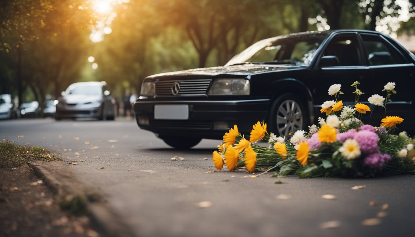 A burning tire marks the spot where a car crashed into a tree, surrounded by flowers and candles in remembrance