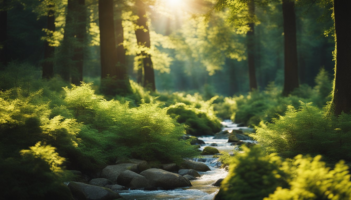 A peaceful forest with a flowing stream and vibrant, happy trees, bathed in warm sunlight