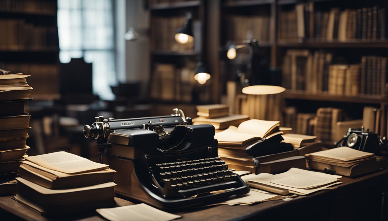 A cluttered desk with scattered papers, old photographs, and a worn-out typewriter. A dimly lit room with shelves filled with books on the occult and paranormal