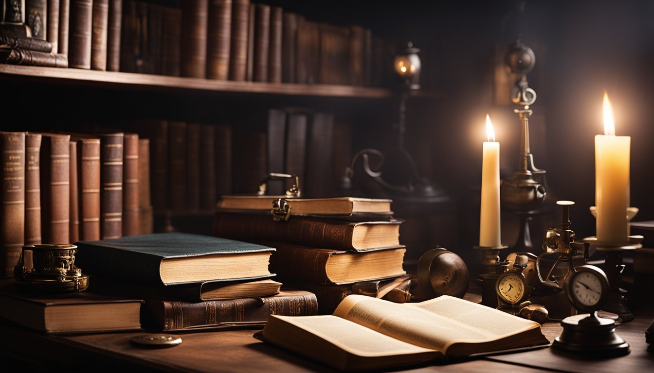 A cluttered desk with old books, ghost-hunting equipment, and eerie artifacts. A flickering candle casts shadows on the walls