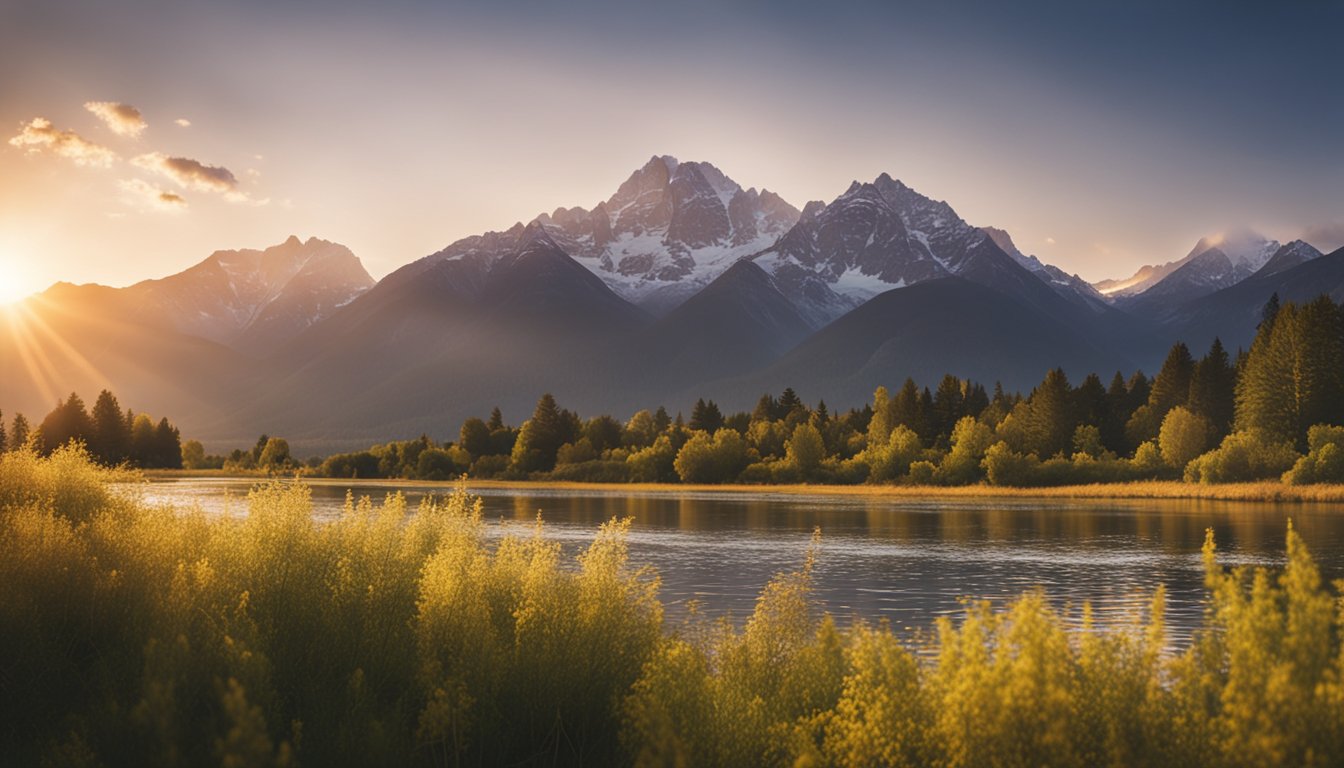 A tranquil landscape with a serene, flowing river and a majestic mountain range in the background, bathed in the warm glow of a setting sun