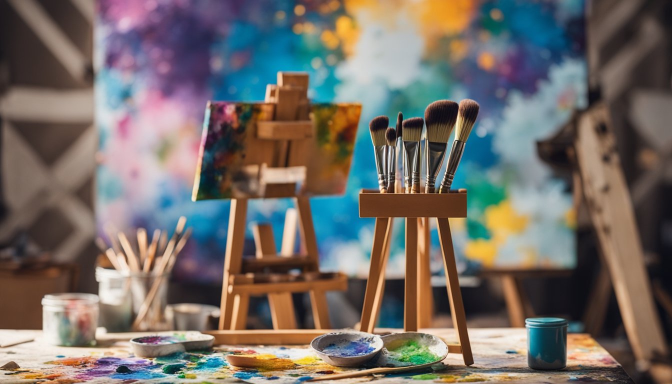 A paintbrush and palette sit abandoned on a canvas, surrounded by colorful splatters. An easel stands empty in a sunlit studio, with a photo of Bob Ross in the background