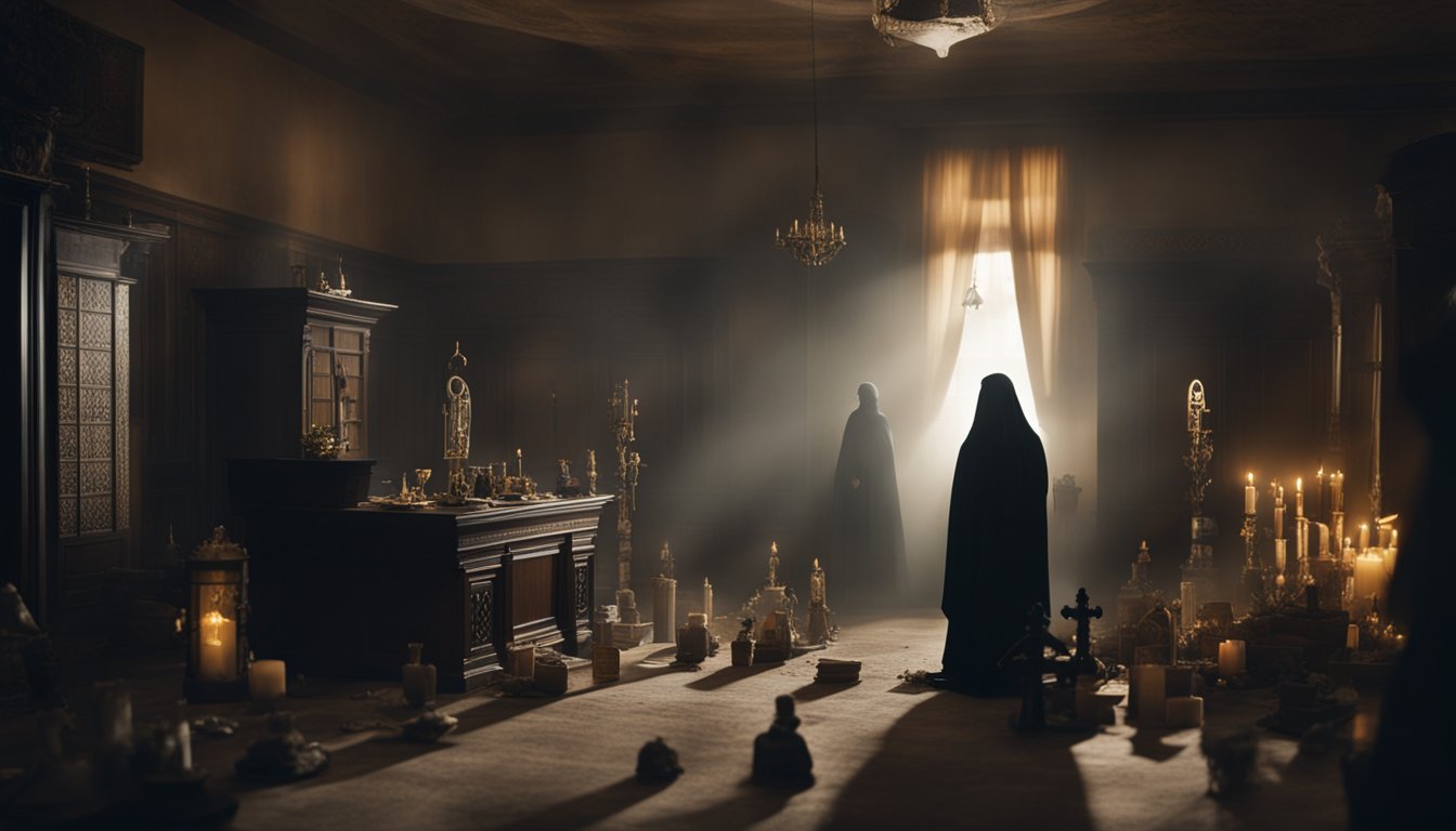 A dimly lit room with scattered artifacts and religious symbols. A ghostly figure hovers in the background, surrounded by an aura of mystery and unease