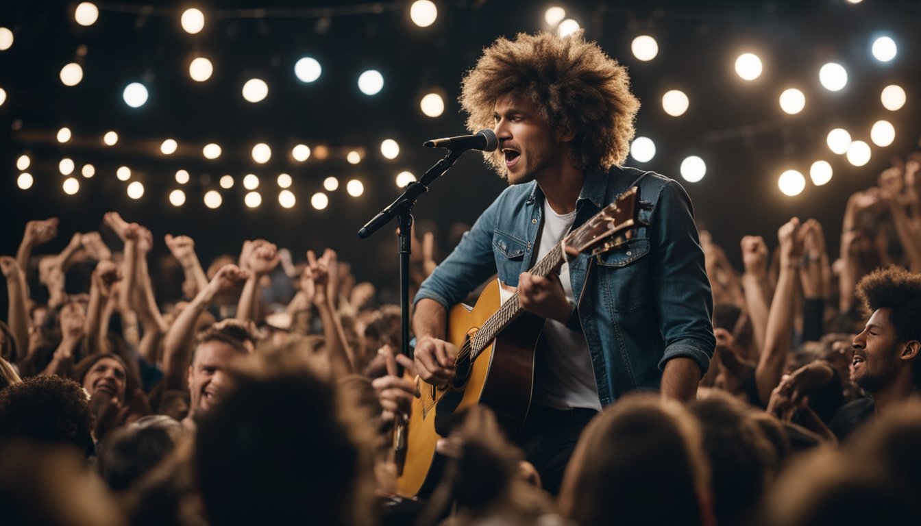 A young man with wild hair and a guitar performs on a dimly lit stage, surrounded by a crowd of adoring fans