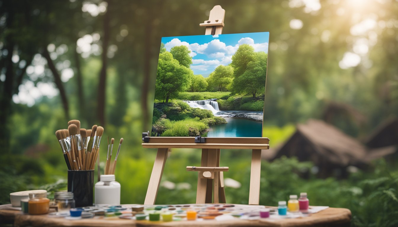 An easel with a canvas, surrounded by paintbrushes, tubes of paint, and a palette. A serene landscape with happy little trees and fluffy clouds