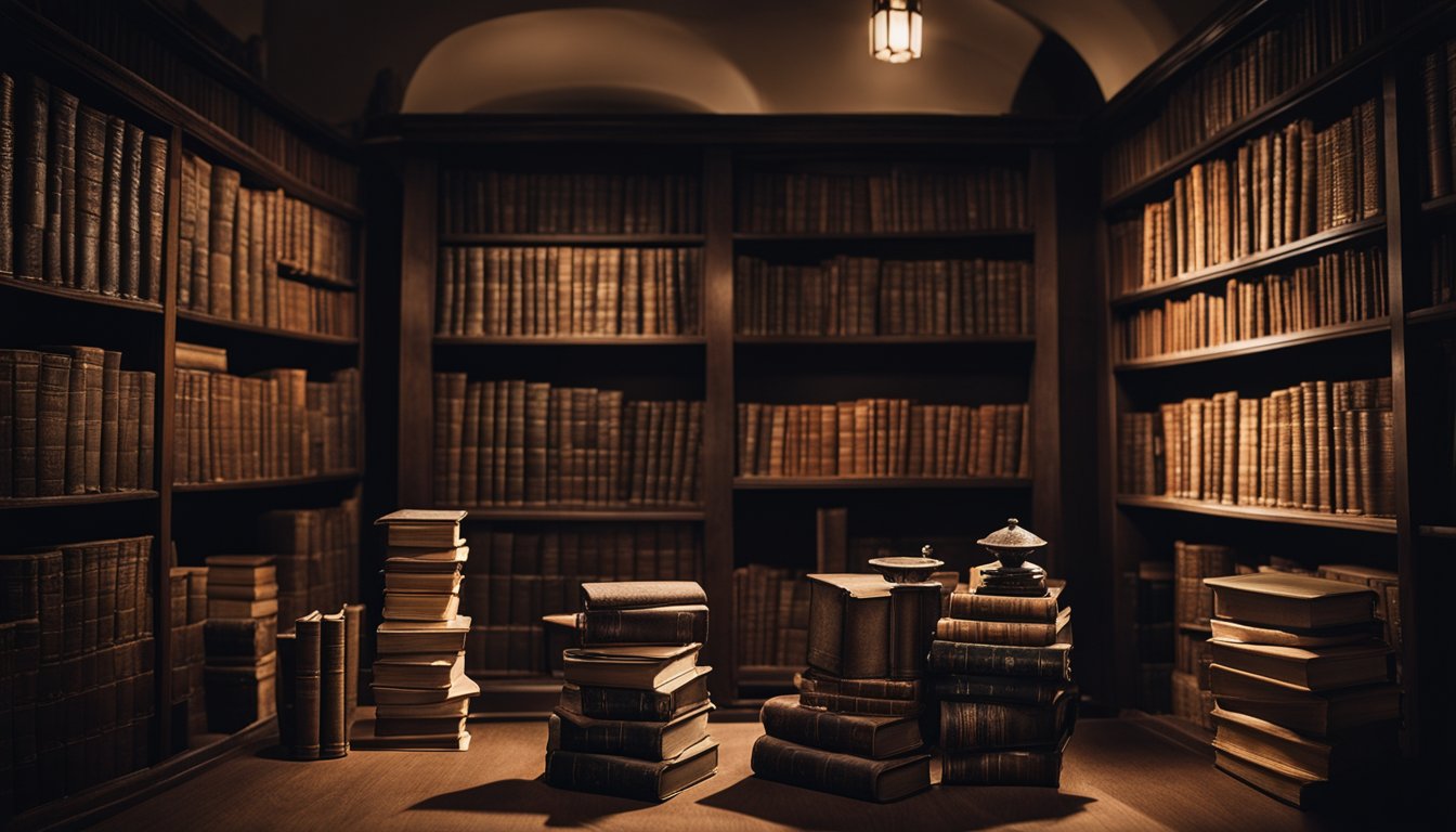 A dimly lit room with eerie artifacts and ghostly apparitions. A bookshelf filled with ancient tomes on paranormal cases. Sinister energy fills the air