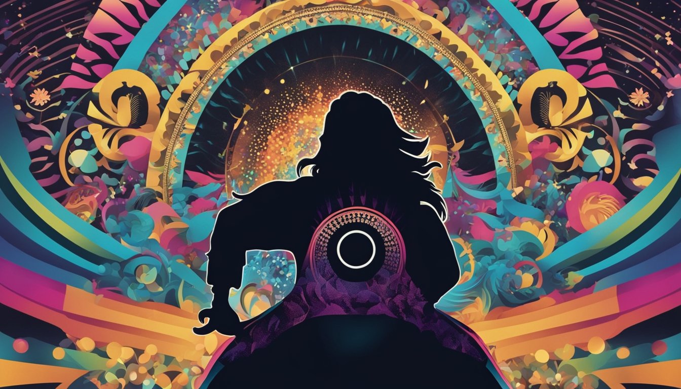 A psychedelic concert poster with colorful, swirling patterns and a silhouette of a leather-clad singer with long hair