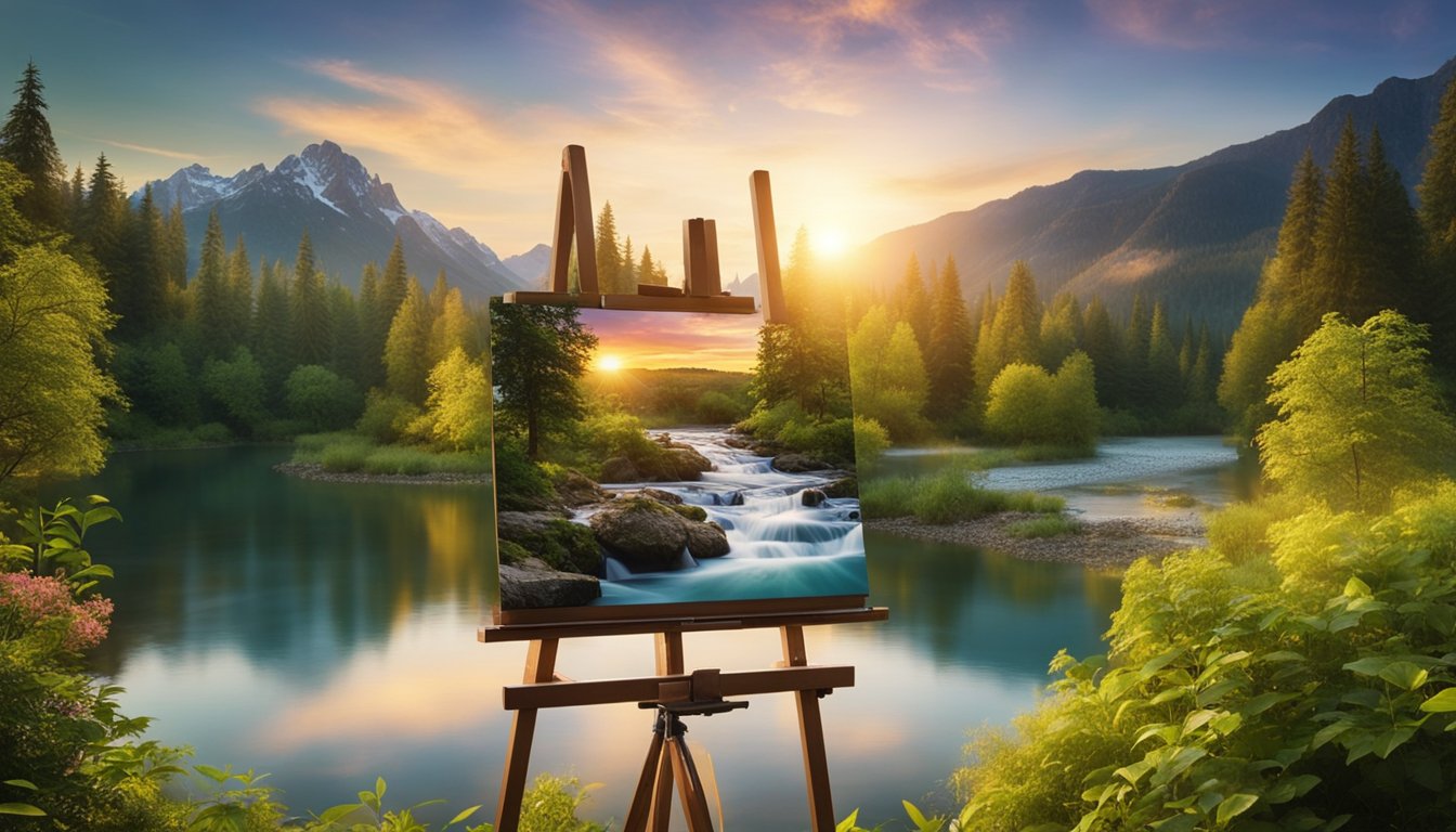 A serene nature scene with a flowing river, lush trees, and a colorful sunset, with a single easel and paintbrush set up in the foreground