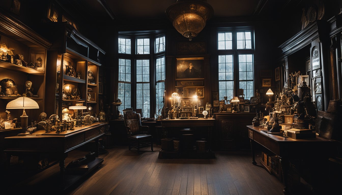 A dimly lit room in the Warren Occult Museum, with eerie artifacts and mysterious objects scattered around, creating an ominous and haunting atmosphere