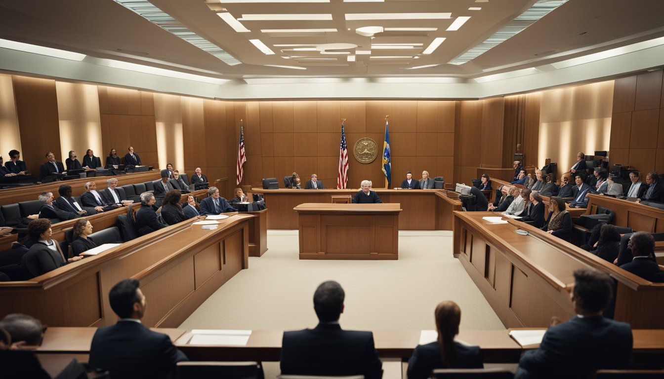 A courtroom with a judge presiding over a legal challenge. Lawyers on both sides present arguments and evidence. Media and spectators fill the room