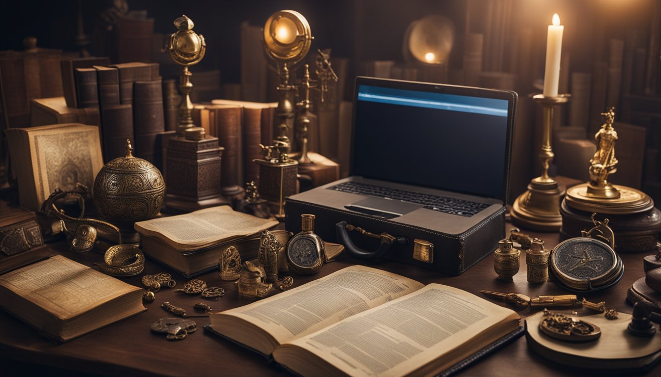 A cluttered desk with religious artifacts, books on demonology, and a collection of investigative tools