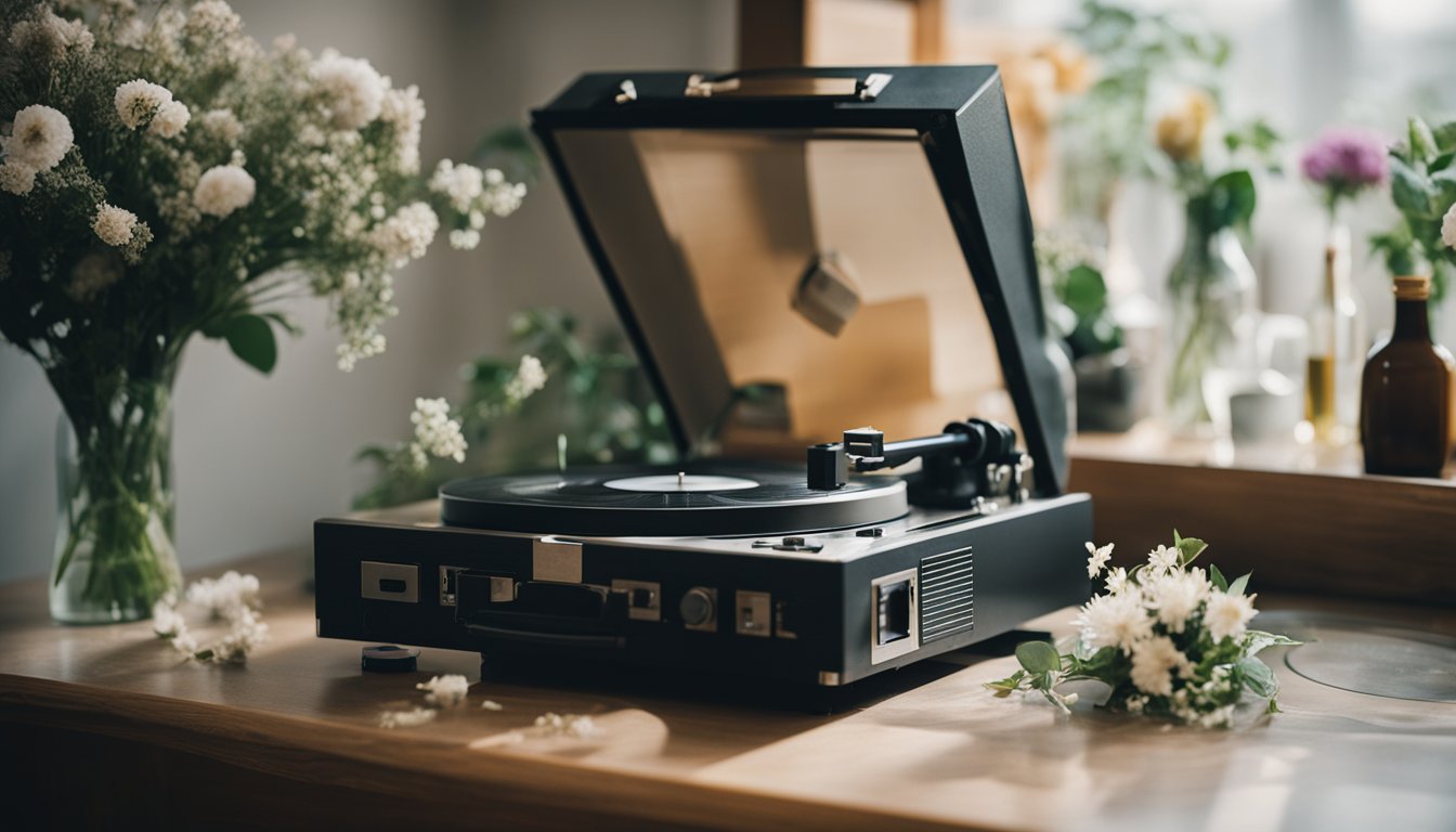 A broken record player surrounded by wilted flowers and empty bottles