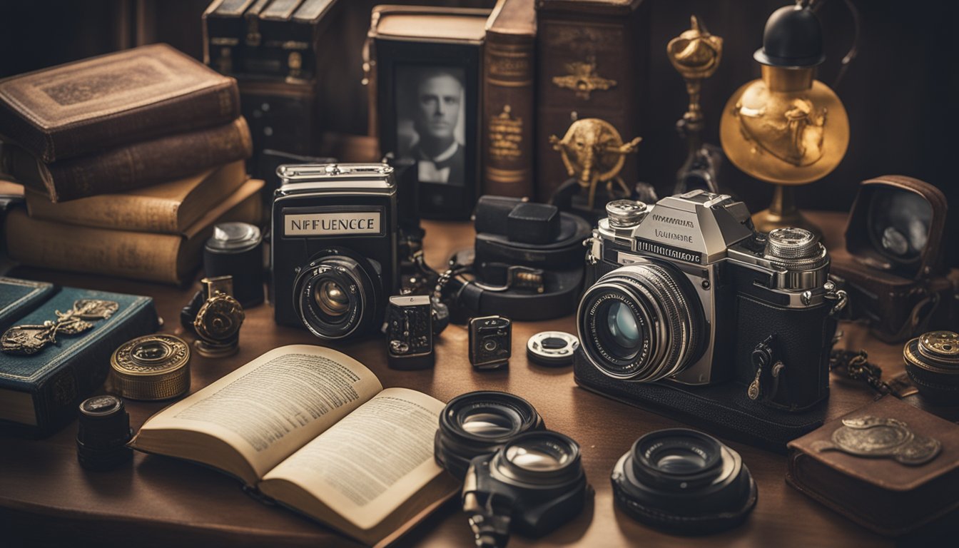 A cluttered desk with paranormal research books, vintage cameras, and occult artifacts. A framed photo of Ed Warren with a caption "Influence on Pop Culture."