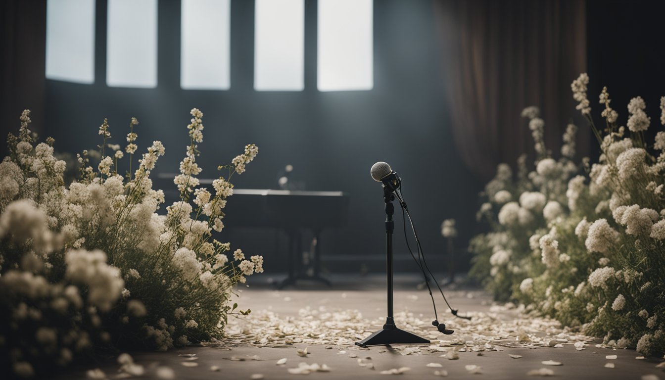 A desolate stage with a single microphone stand, surrounded by wilting flowers and scattered papers. A faint aura of mystery and tragedy lingers in the air