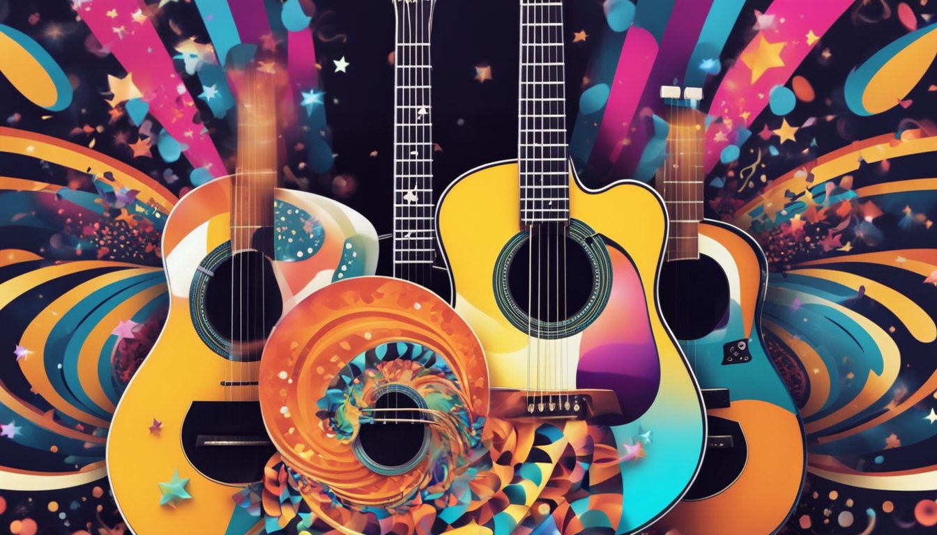 A guitar surrounded by psychedelic colors and swirling patterns, with musical notes floating in the air