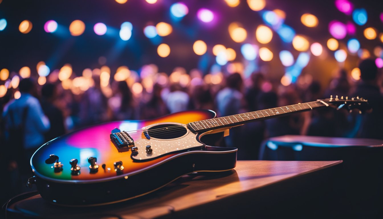 A guitar lays abandoned on a stage, bathed in colorful lights, as the crowd looks on in silence