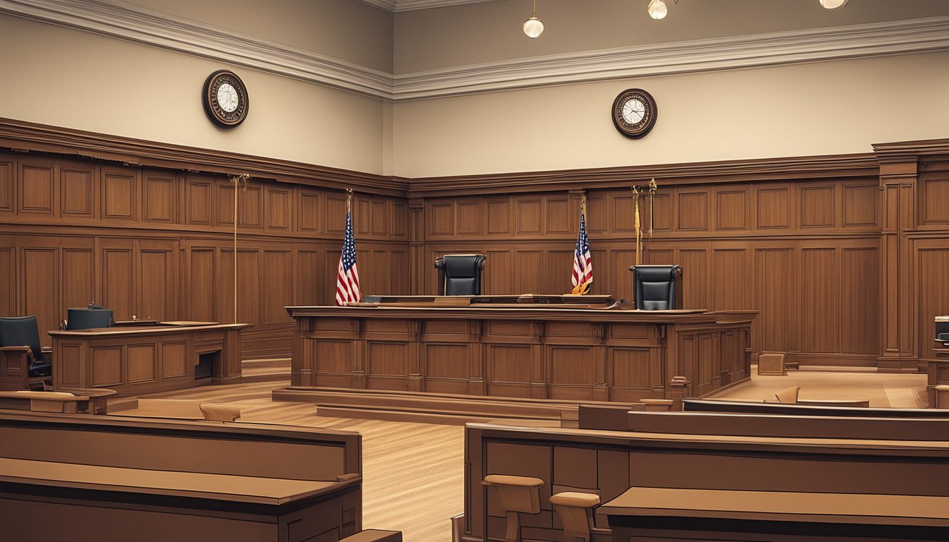 A courtroom with a judge's bench, witness stand, and jury box. Lawyers and court officials are present, with a focus on legal documents and evidence