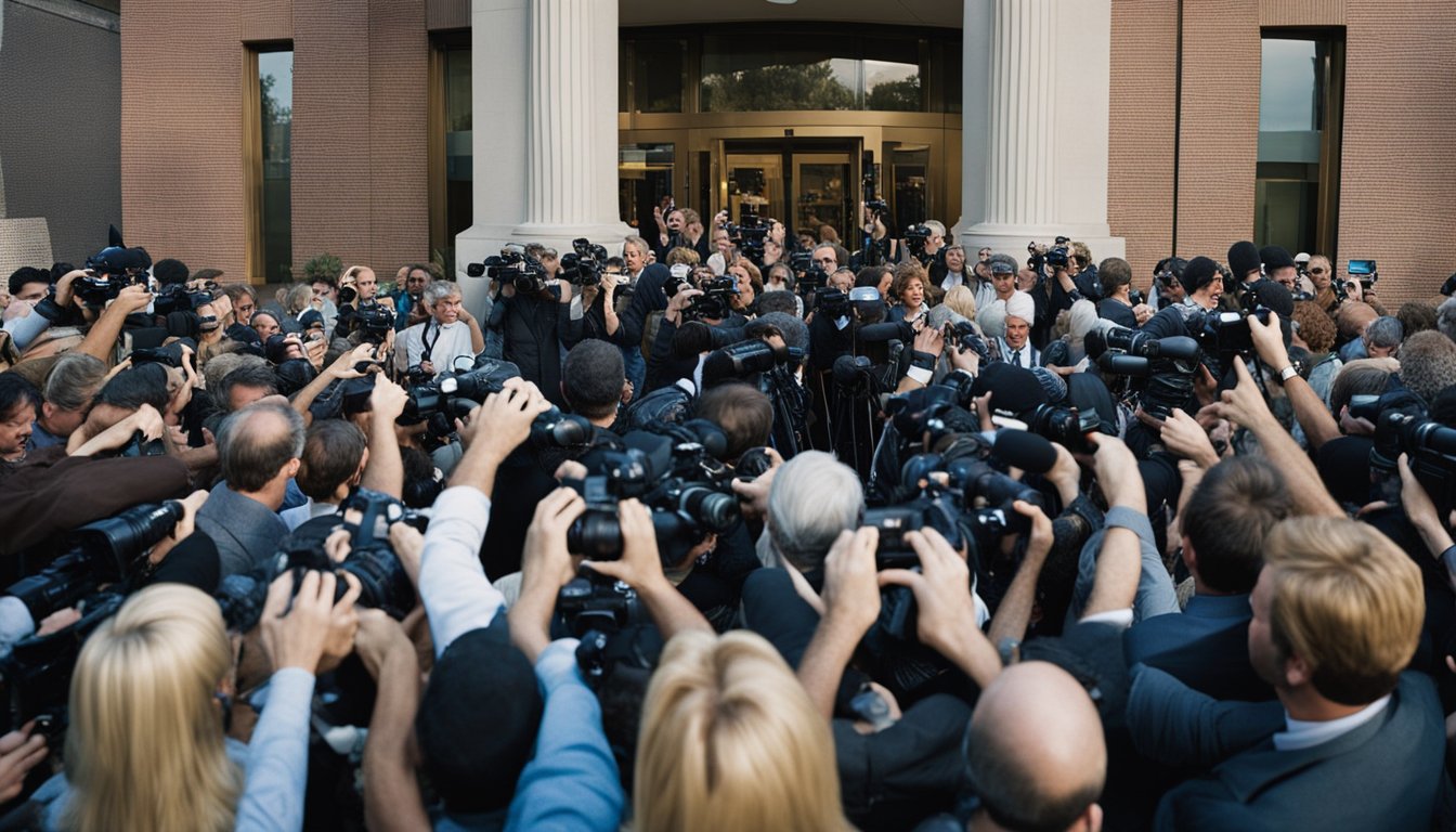 A crowd of reporters and photographers gather outside a courthouse, clamoring for information on Anna Nicole Smith's cause of death. Microphones and cameras capture the frenzy