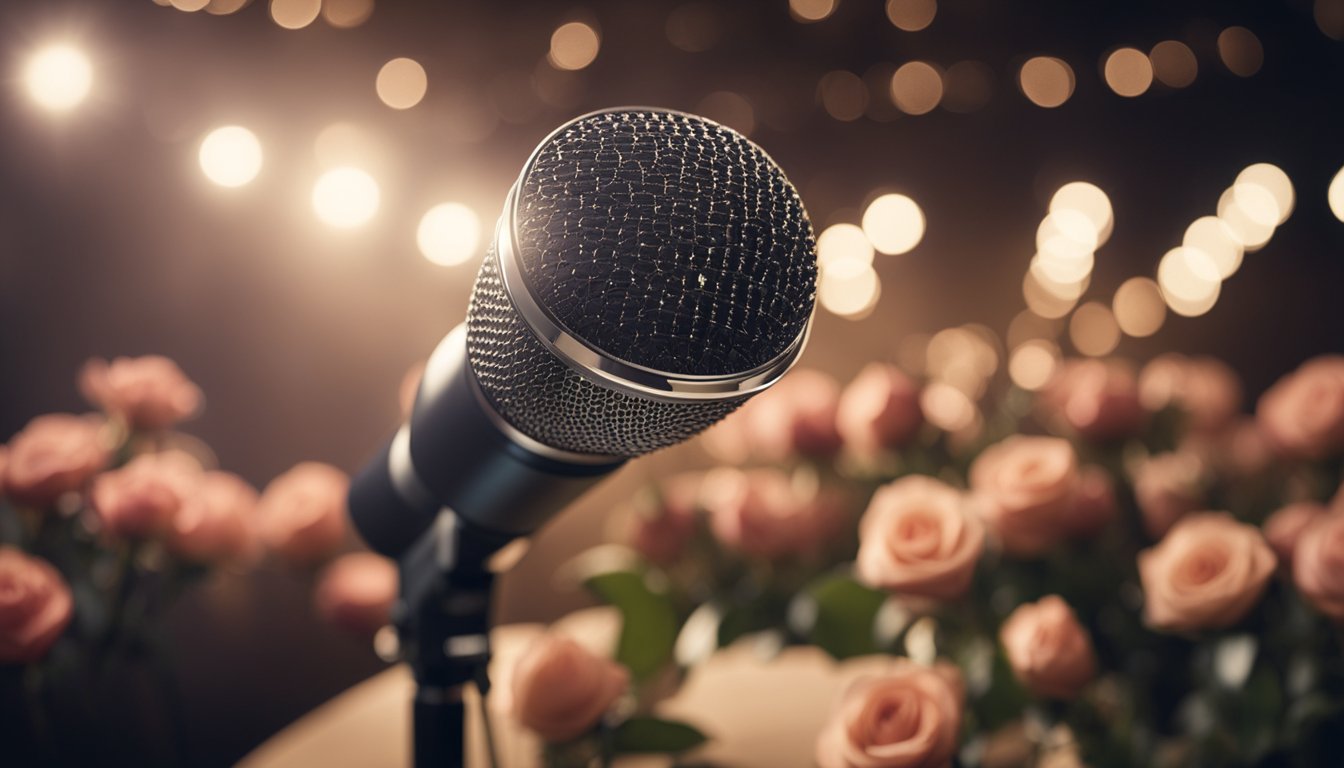 A spotlight shines on a microphone on an empty stage, surrounded by scattered roses and a vintage record player